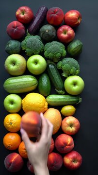 high-angle video: a human hand selects dew-kissed fruit from a vibrant rainbow gradient of fresh produce on a charcoal background, studio lighting. Luxury food brand concept