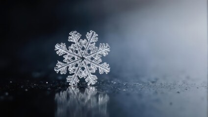 Macro Shot of a Single Intricate Snowflake on a Dark Reflective Surface.