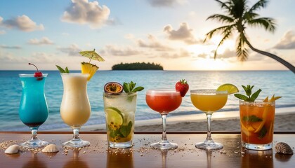 Tropical cocktails in assorted glasses lined up on beach bar, overlooking blue ocean, vibrant summer vacation vibe
