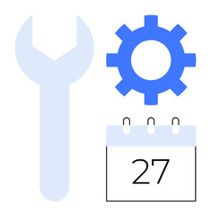 Fototapeta premium Gear, wrench, and calendar with date emphasizing repairs, optimization, and organization. Ideal for business, project planning, engineering, time management scheduling productivity simple flat