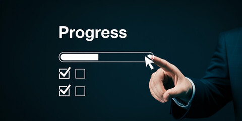 Finger Clicking Progress Bar and Checkmarks Indicating Task Completion and Progress loading Modern Business Strategy and Corporate Success Concept – High Quality Professional Image