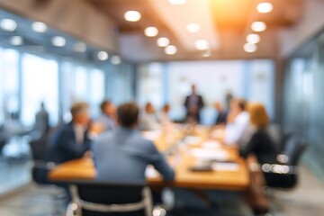 Blur office meeting blurred background with business people working group in boardroom discussion, executive seminar or professional training in enterprise. High quality