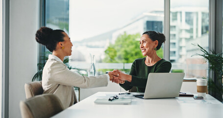 Smile, business women and handshake in office for partnership, investment deal or merger. Happy...