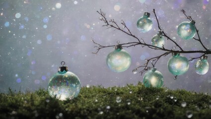 Magical Winter Scene with Glowing Ornaments on Mossy Ground.