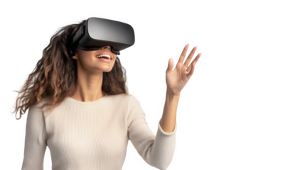 Happy woman wearing virtual reality headset isolated on transparent background