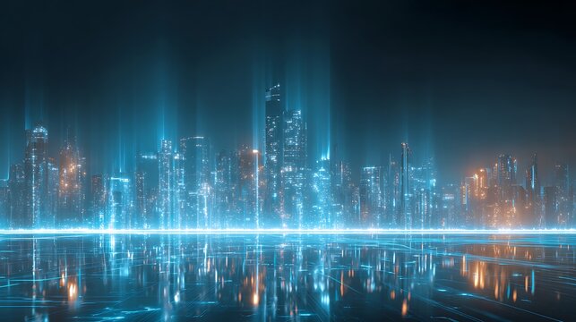 Smart city at night with AI-driven fintech network nodes forming a glowing nexus of global finance.