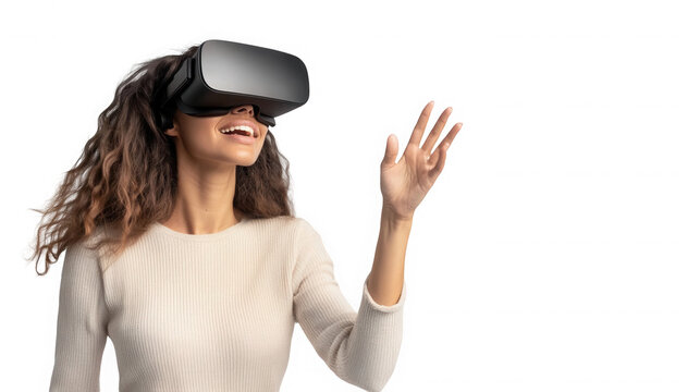 Happy woman wearing virtual reality headset isolated on transparent background