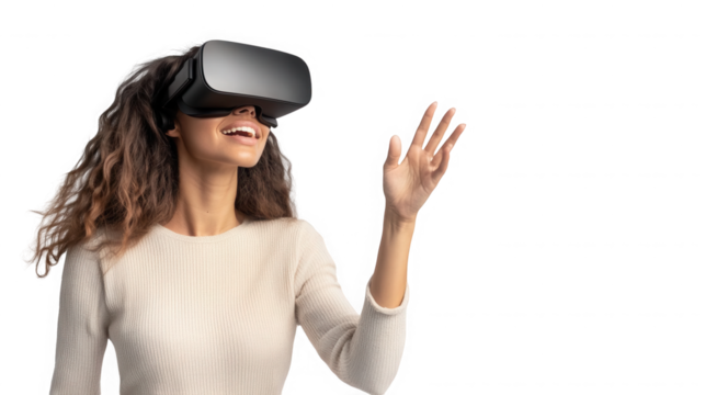 Happy woman wearing virtual reality headset isolated on transparent background