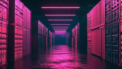 Cyberpunk shipping containers in futuristic warehouse corridor with neon lights - Powered by Adobe