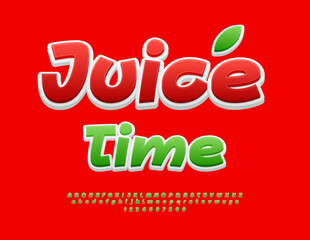 Vector Advertising template Juice Time. Funky Green Font. Artistic Alphabet Letters and Numbers set.