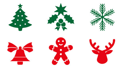 Set of red and green christmas holiday icons including christmas tree, holly, snowflake, bell, gingerbread man and reindeer