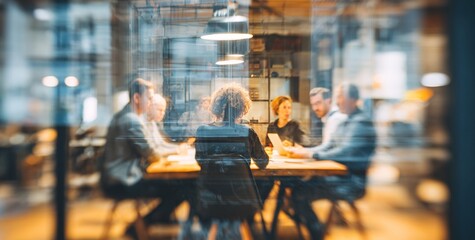 blurred photo of business people sitting around the table in an office, captured from behind and in focus, symbolizing collaboration within  company or between different quaint style icons.