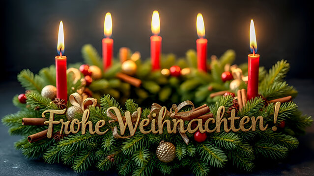 A luxurious German Advent wreath with four burning red candles, pine branches, cinnamon sticks, and an ornament with the greeting "Merry Christmas".