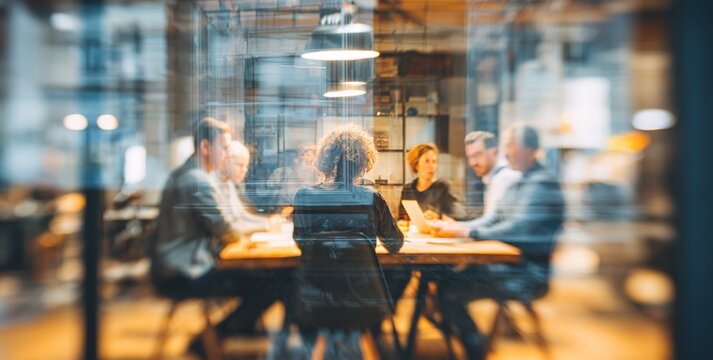 blurred photo of business people sitting around the table in an office, captured from behind and in focus, symbolizing collaboration within company or between different quaint style icons.