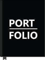 Black portfolio book cover with white text P O R T F O L I O and bookmark vector graphic