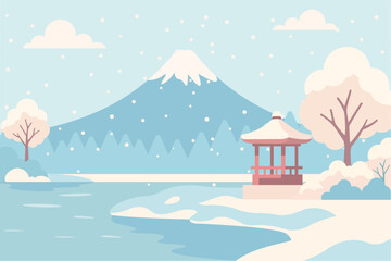 Winter Landscape with Mount Fuji and Japanese Pavilion &mdash; Modern Flat Design Illustration