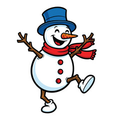 Joyful cartoon snowman dancing happily with a blue top hat and red scarf.