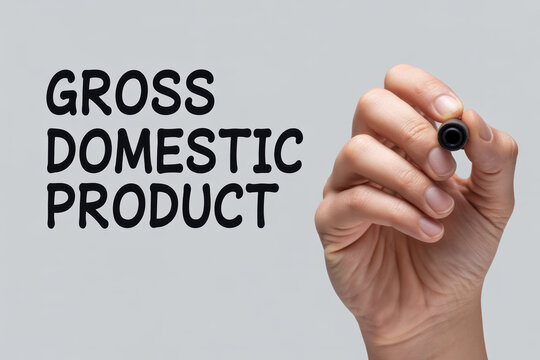 Hand holding marker writing gross domestic product, symbolizing financial terms, economic growth, and market indicators