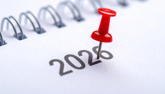 Red pushpin is placed on spiral bound calendar, marking year 2026. focus is on pin and printed year, symbolizing planning or important event