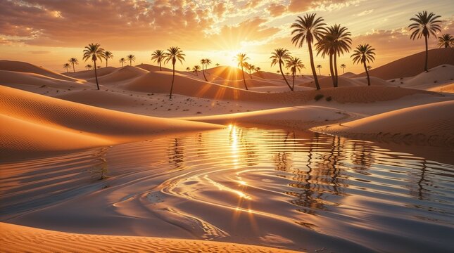 A breathtaking desert oasis unfolds beneath a magnificent sunset, surrounded by sweeping golden dunes that stretch endlessly into the horizon. The warm light of the setting sun casts a radiant glow
