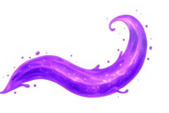 Purple cosmic splash forming a dynamic liquid wave with glowing particles, isolated on a transparent background