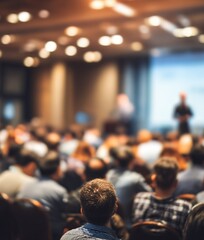 Meeting concept. Conference blur with business people training and learning. Coaching Concept with blurred background. Speaker talking to audience in hall during seminar event. Lecture series speech.