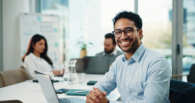 Portrait, employee and man with glasses, boardroom or financial analyst with smile for career growth. Happy, person and confident for wealth manager with laptop, online and investment on website