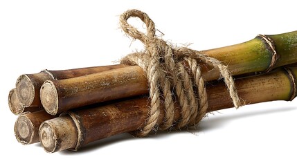 Bundle of bamboo sticks tied with rope isolated on white background in closeup