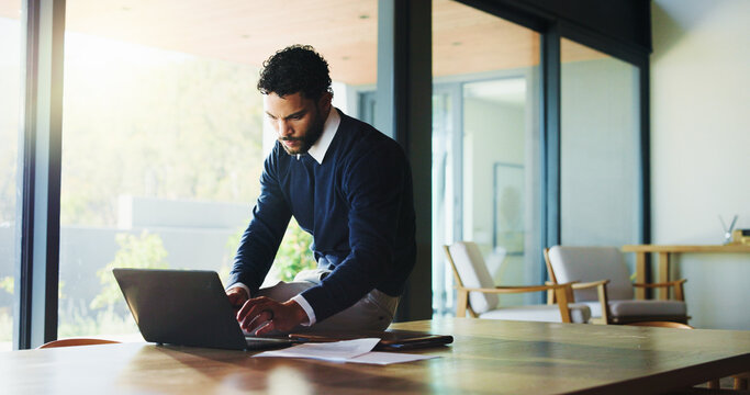 Laptop, typing and research with business man in office for real estate broker, property listing and planning. Escrow account closer, realtor proposal and project with person in agency for report