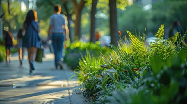 Lush Green Foliage Along City Sidewalk on a Sunny Day - Powered by Adobe