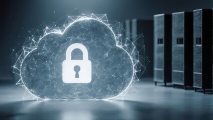 Glowing cloud-shaped graphic with padlock symbol, networking lines, and server racks background