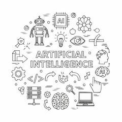 Artificial Intelligence Line Art Illustration with Icons and Symbols