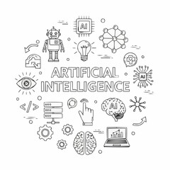 Artificial Intelligence Line Art Illustration with Icons and Symbols