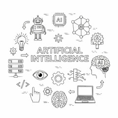 Artificial Intelligence Line Art Illustration with Icons and Symbols