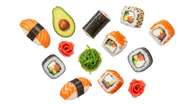 Fresh Sushi Assortment With Ingredients On Black Background