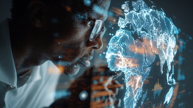 double exposure climate scientist analyzing data overlay with holographic Earth map and weather analytics, AI environment research
