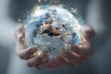 double exposure hands protecting planet Earth, overlay with holographic energy map and data particles, eco technology concept
