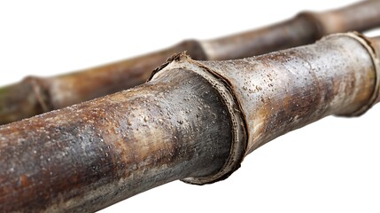 Closeup of bamboo stalks isolated on white background, showcasing natural texture