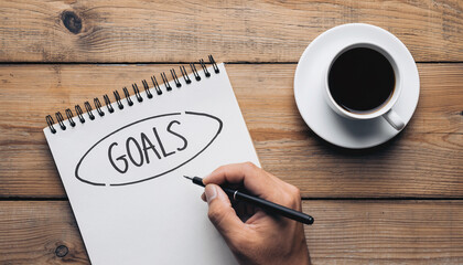 Hand Writing " GOALS" in Notebook Next to Coffee Cup on Wood Table goals High Quality Image 