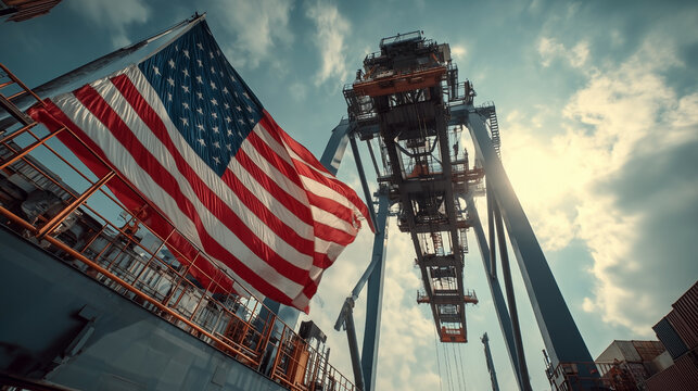 A large crane is in the background with a large American flag in the foreground
