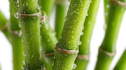 Closeup of fresh green bamboo stalks with water droplets isolated on white background
