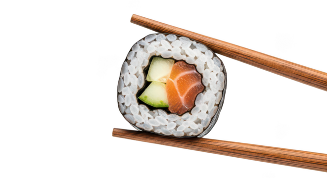 Sushi Roll With Salmon And Cucumber Held By Chopsticks