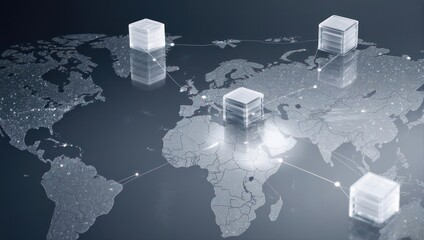 A world map with glowing cube nodes connected by lines, suggesting global data flow