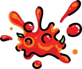 Red Orange Liquid Splatter With Green Leaves Isolated On White Background Cartoon Style