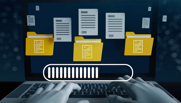 Hands Typing on Laptop with Folders and Progress Bar Illustrating File Transfer computer Modern Business Strategy and Corporate Success Concept – High Quality Professional Image