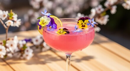 Colorful pink cocktail with edible flowers and citrus garnish in elegant glassware