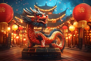Obraz premium Chinatown glows with dragons and red lanterns for Lunar New Year.