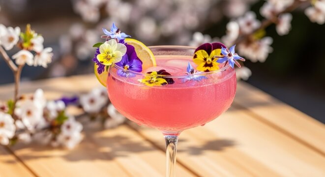 Colorful pink cocktail with edible flowers and citrus garnish in elegant glassware - Powered by Adobe