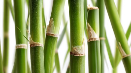 Closeup of fresh green bamboo stalks with vibrant color isolated on white background