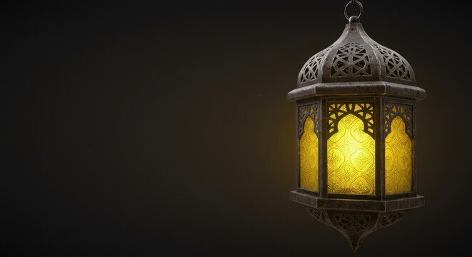 Elegant ramadan lantern with intricate metalwork and warm yellow light, ideal for festive themes.